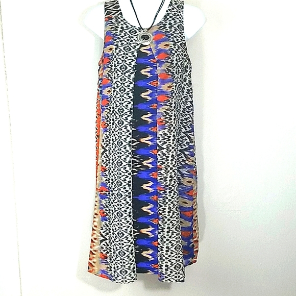 Sun Dress Sheath chiffon tribal geometric print overlay midi stretch sleeveless - Picture 1 of 11